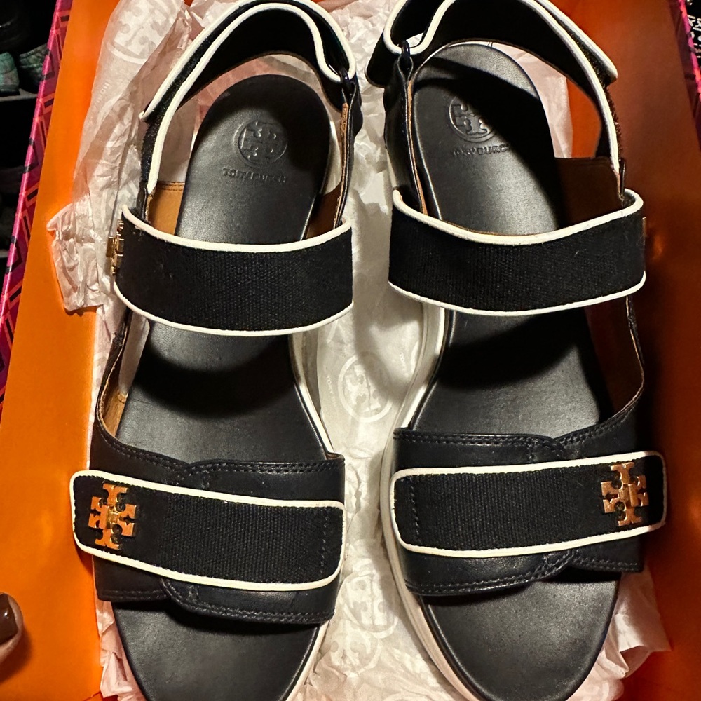 Tory Burch Black Sandals with Gold Accents